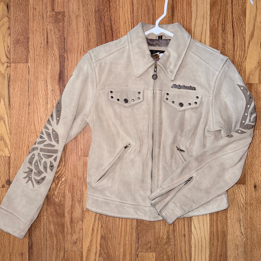 Harley-Davidson Women's Beige Suede Studded Jacket with Laser-Cut Sleeve Details